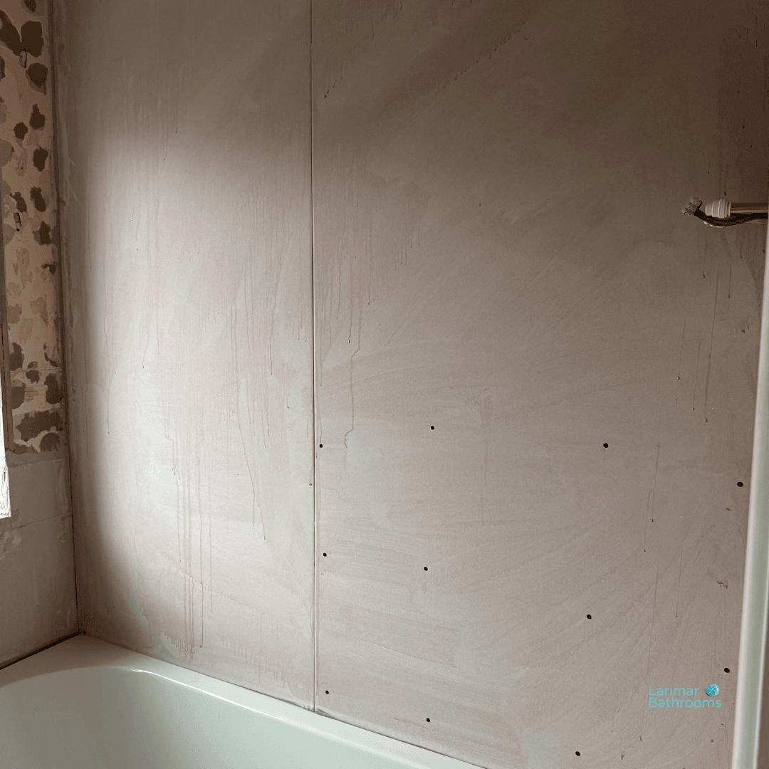 New plasterboard added to damaged walls.